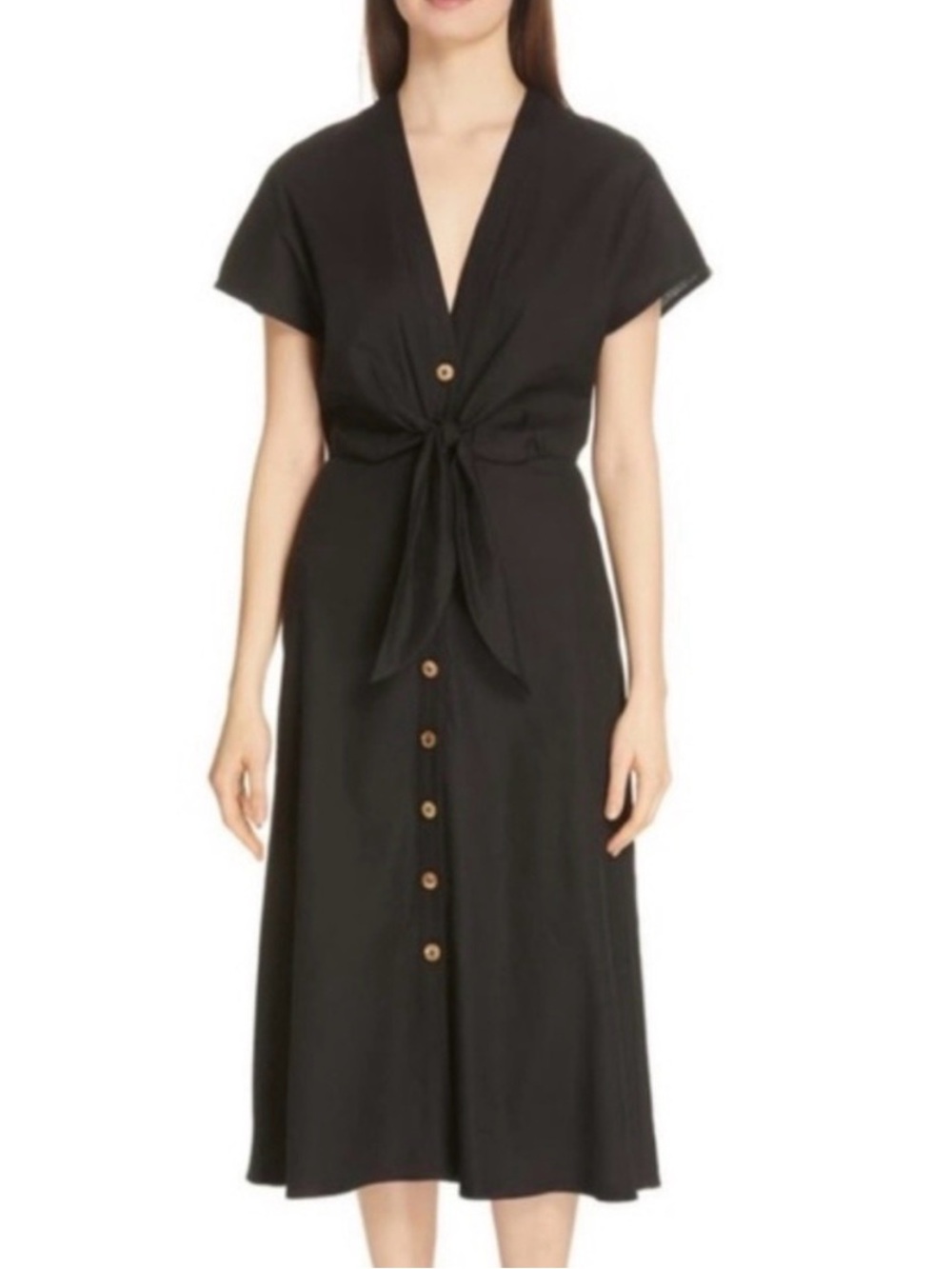 Veronica Beard Giana Linen Blend Black Tie-Front Midi Dress size 10